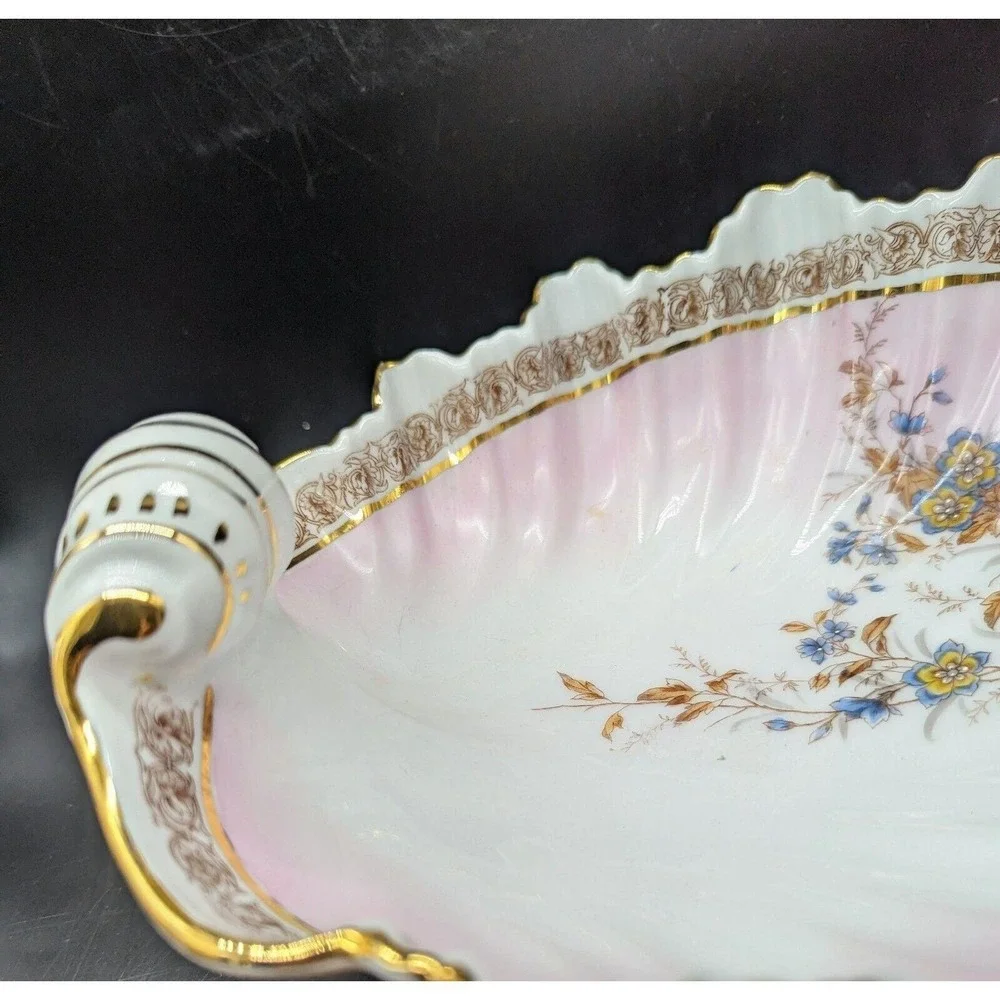 Antique Pink Hand Painted German Porcelain Seashell Serving Bowl Flowers 9.5